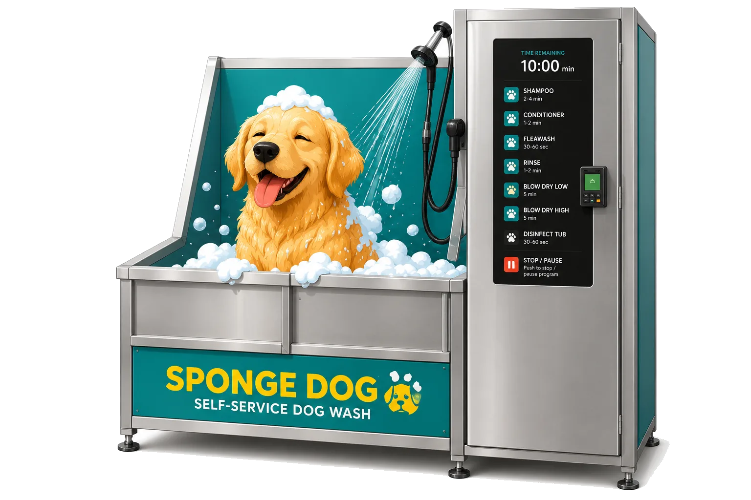 Sponge Dog self-service hondenwasstraat met blije hond in bad en betaalterminal