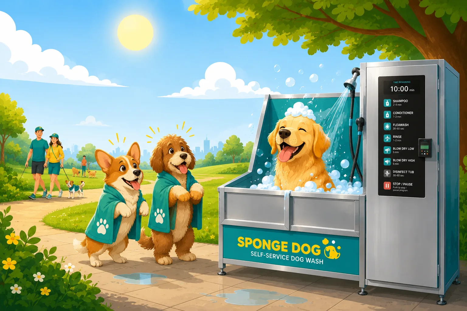 Schone, blije honden in handdoeken bij het Sponge Dog-station